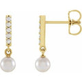 14K Yellow Gold Cultured Akoya Pearl & .03 CTW Natural Diamond Bar Earrings