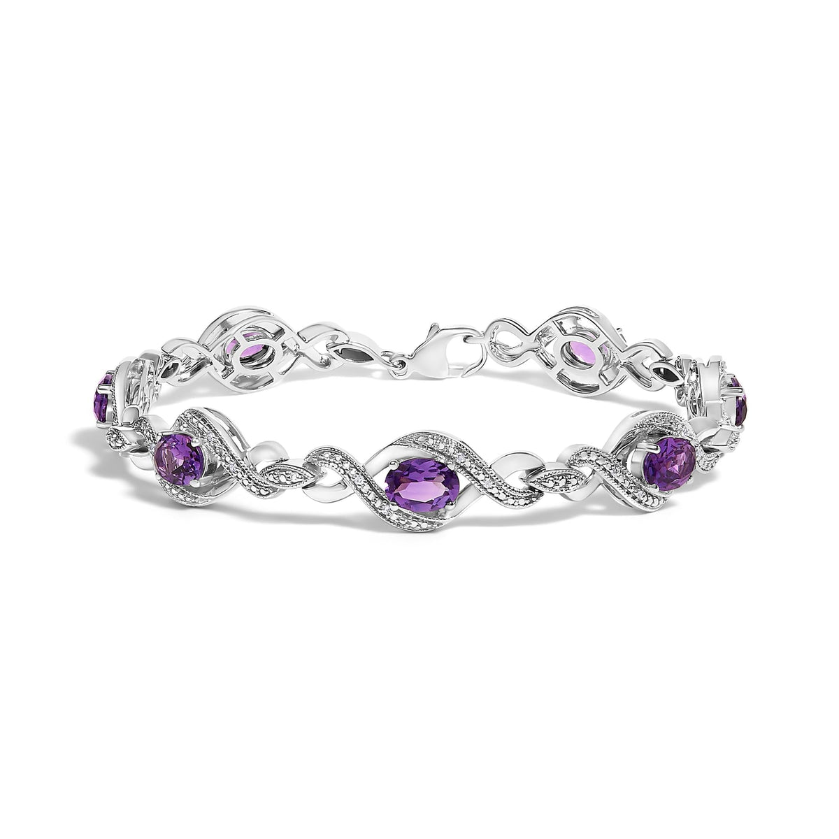 .925 Sterling Silver 1/10 Cttw Natural Round Diamond and 7X5MM Oval Amethyst Cross Tennis Bracelet (I-J Color, I1-I2 Clarity)