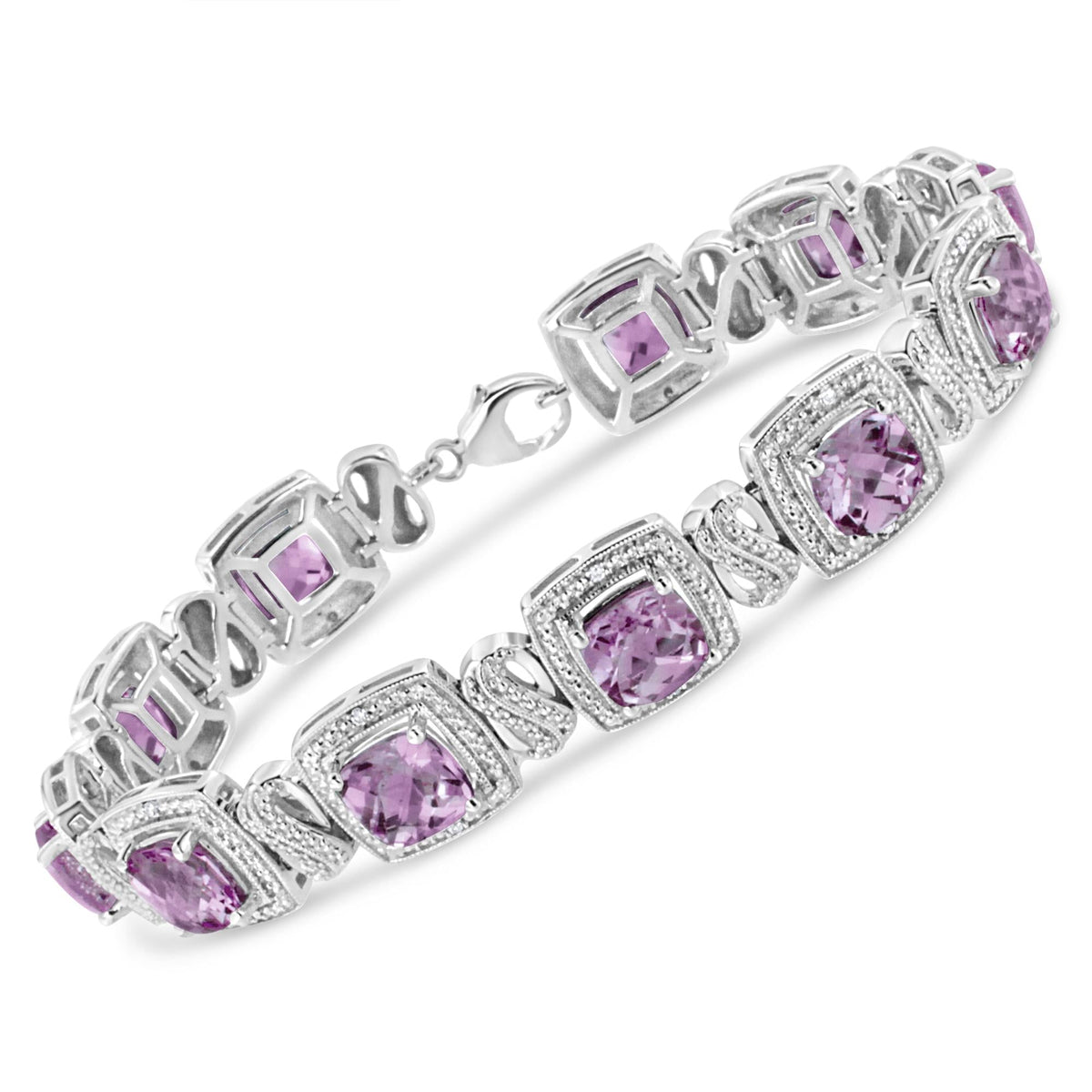 .925 Sterling Silver 7x7 mm Cushion Cut Purple Amethyst and 1/10 cttw Round Cut Diamond Square Shape Tennis Bracelet (I-J