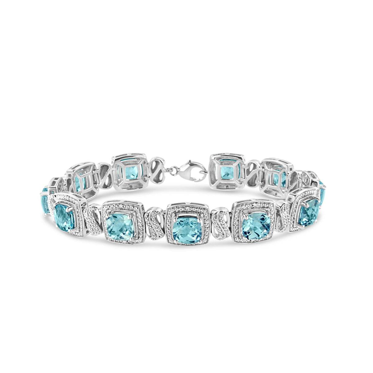 .925 Sterling Silver 7x7 mm Cushion Cut Blue Topaz and 1/10 Ctw Single Cut Diamond Square Shape Tennis Bracelet (I-J Color