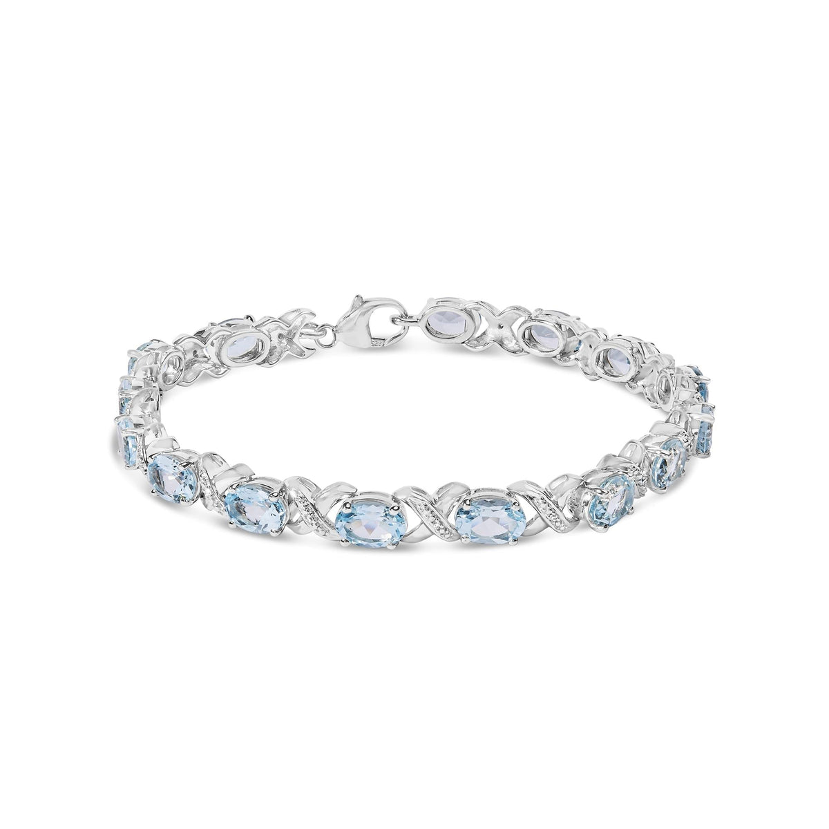 .925 Sterling Silver 16.0 Cttw Oval Blue Topaz and Diamond Accent Tennis X Link Bracelet (I-J Color, I1-I2 Clarity) - Size 7"