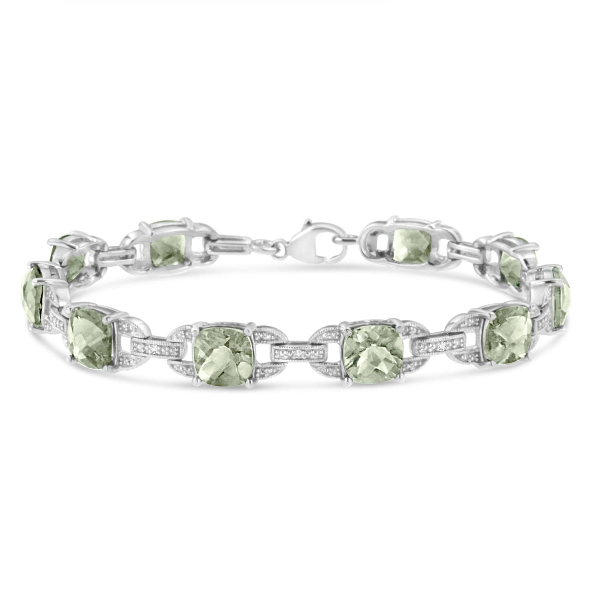 .925 Sterling Silver 7x7 mm Cushion Cut Green Amethyst and 1/20 cttw Round Cut Diamond Fashion Tennis Bracelet (I-J Color