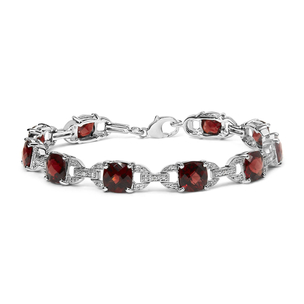 .925 Sterling Silver 7x7mm Checkered Cushion Red Garnet and Diamond Accent Fashion Tennis Link Bracelet (I-J Color, I1-I2
