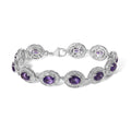 Sterling Silver 5x7 MM Oval Purple Amethyst & Diamond Halo Link Bracelet