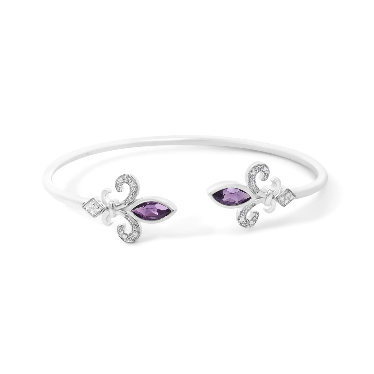 .925 Sterling Silver 8X4MM Marquise Purple Amethyst and Diamond Accent Fleur Di Lis Open Cuff Bangle (I-J Color, I1-I2