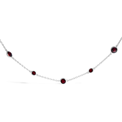 Collar con Estaciones de Granate Rojo con Corte de Damero de Plata Esterlina .925 Engastadas en Bisel - 22 Pulgadas