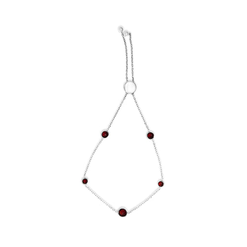 Pulsera ajustable tipo bolo de plata de ley .925 con 5 estaciones y granates rojos engastados