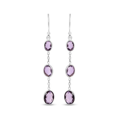 Aretes colgantes de plata esterlina .925 con amatista ovalada morada, corte damero, de 5 cm (2 pulgadas)
