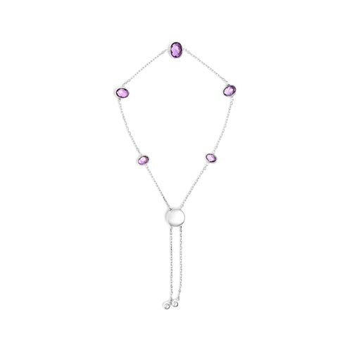 Brazalete bolo ajustable de plata de ley .925 con amatista púrpura engastada en bisel de 5 estaciones