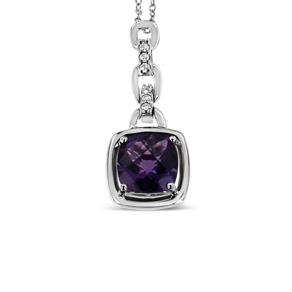 .925 Sterling Silver 6x6MM Cushion Shaped Natural Purple Amethyst and Diamond Accented Bale 18" Inch Pendant Necklace (I-J