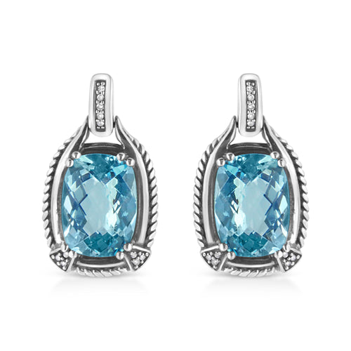 Pendientes colgantes de plata de ley .925 con gema de topacio azul de talla cojín de 14x10 mm y acento de diamante (color I-J, claridad I1-I2)