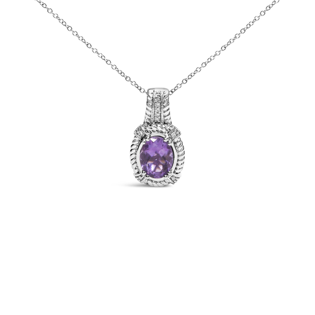 .925 Sterling Silver 9x7mm Oval Purple Amethyst and Round Diamond Accent Fashion Drop Pendant 18 Inch Necklace (I-J Color