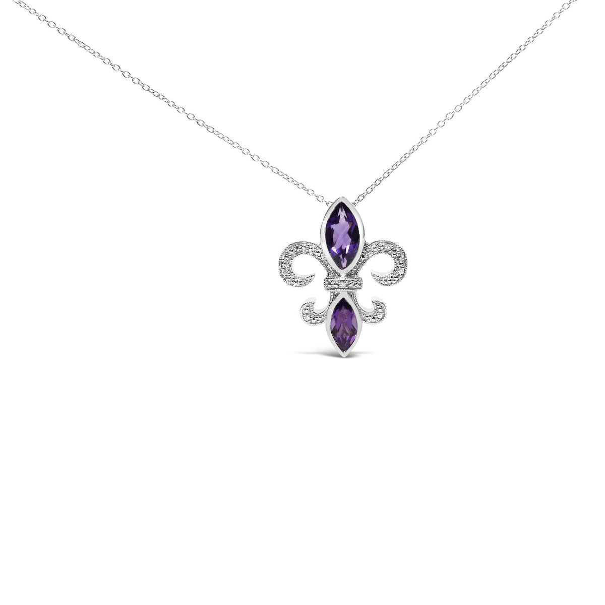 .925 Sterling Silver Purple Amethyst Marquise and Diamond Accent Fleur De Lis Pendant Necklace (H-I Color, SI1-SI2 Clarity)