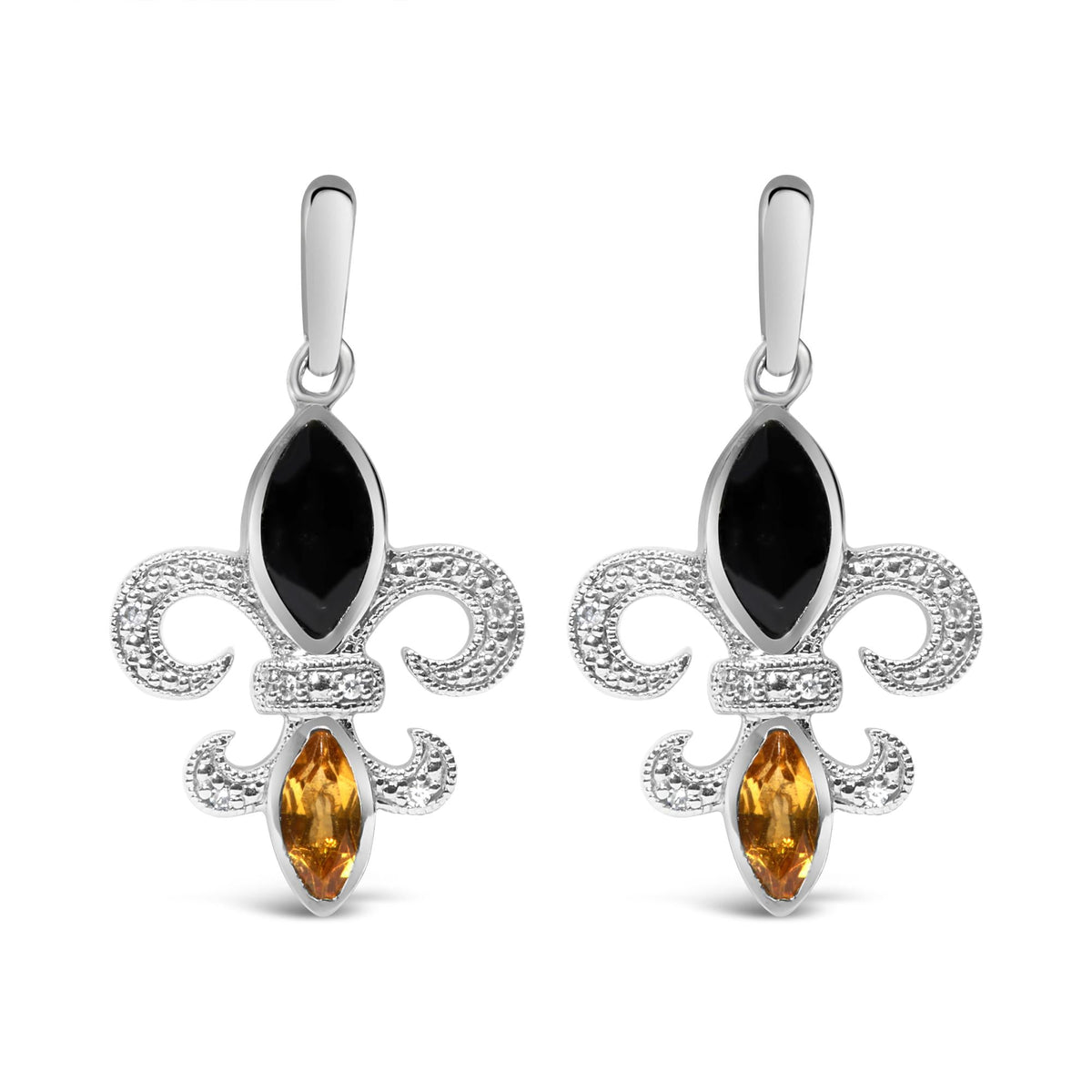 .925 Sterling Silver Marquise Cut Onyx and Citrine with Diamond Accent Fleur De Lis Drop Stud Earrings (H-I Color, SI1-SI2