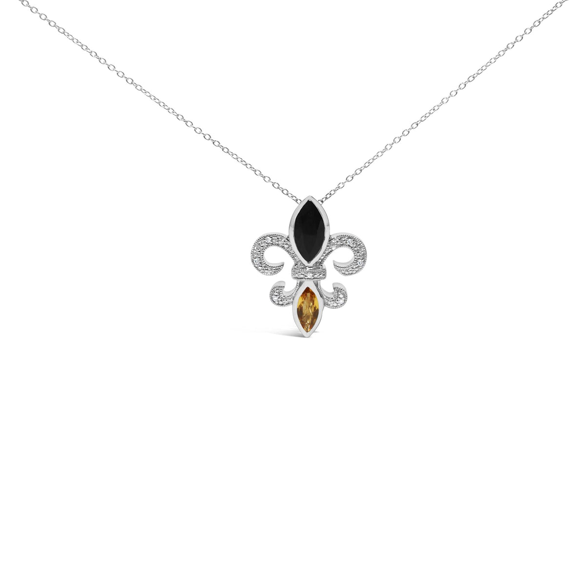 .925 Sterling Silver Marquise Onyx and Citrine and Diamond Accent Fleur De Lis Pendant Necklace (H-I Color, SI1-SI2 Clarity)