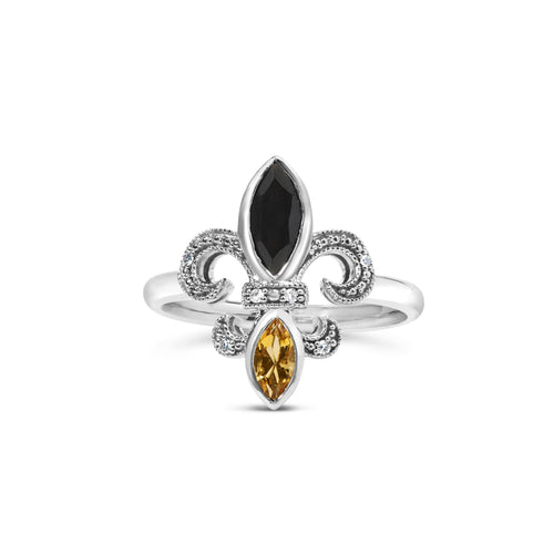 Anillo de plata de ley .925 con ónix negro y citrino amarillo talla marquesa, detalles de diamantes y motivo de flor de lis (color H-I, claridad SI1-SI2)