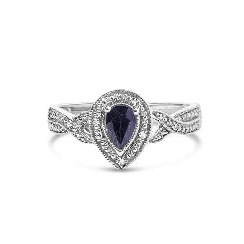 .925 Sterling Silver 6x4mm Pear Sapphire Gemstone with Diamond Accent Fashion Halo Ring