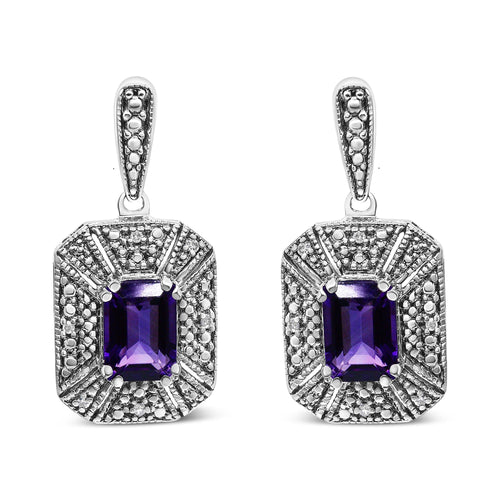 Pendientes de tuerca de plata de ley .925 con detalles de diamante y amatista morada de 7x5 mm (color I-J, claridad I2-I3)