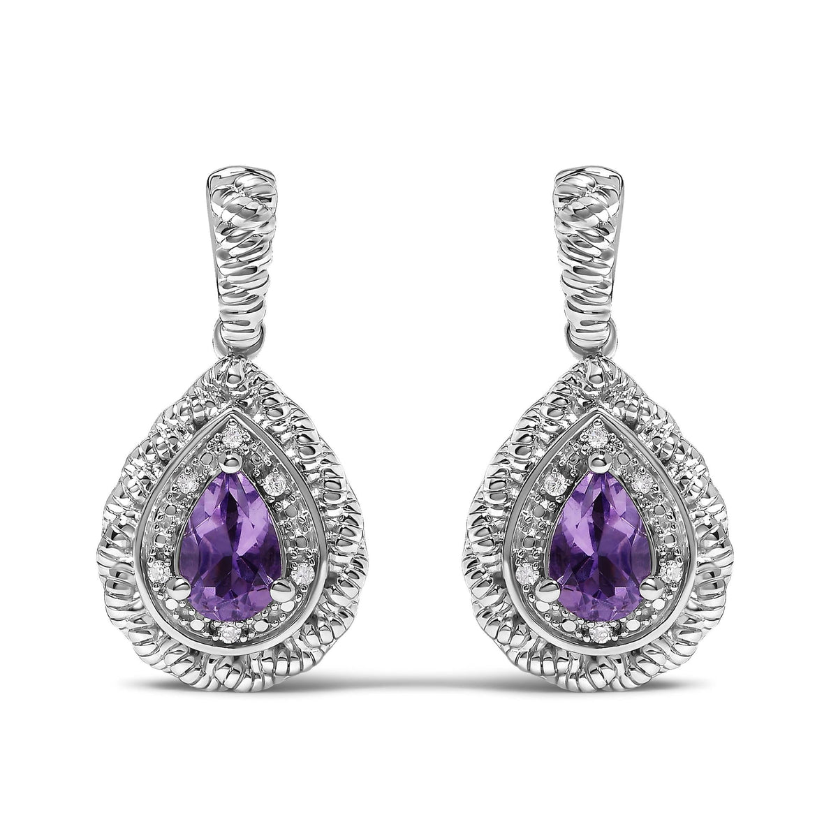 Sterling Silver Pear Cut Amethyst and Diamond Accent Teardrop Drop Earrings