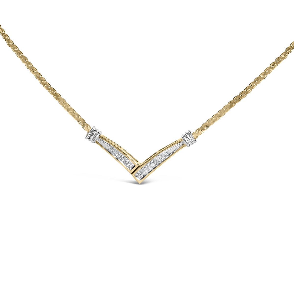 10K Yellow and White Gold 1/2 Cttw Princess Cut Diamond Channel-Set “V” Shape 18" Franco Chain Necklace (H-I Color, SI2-I1