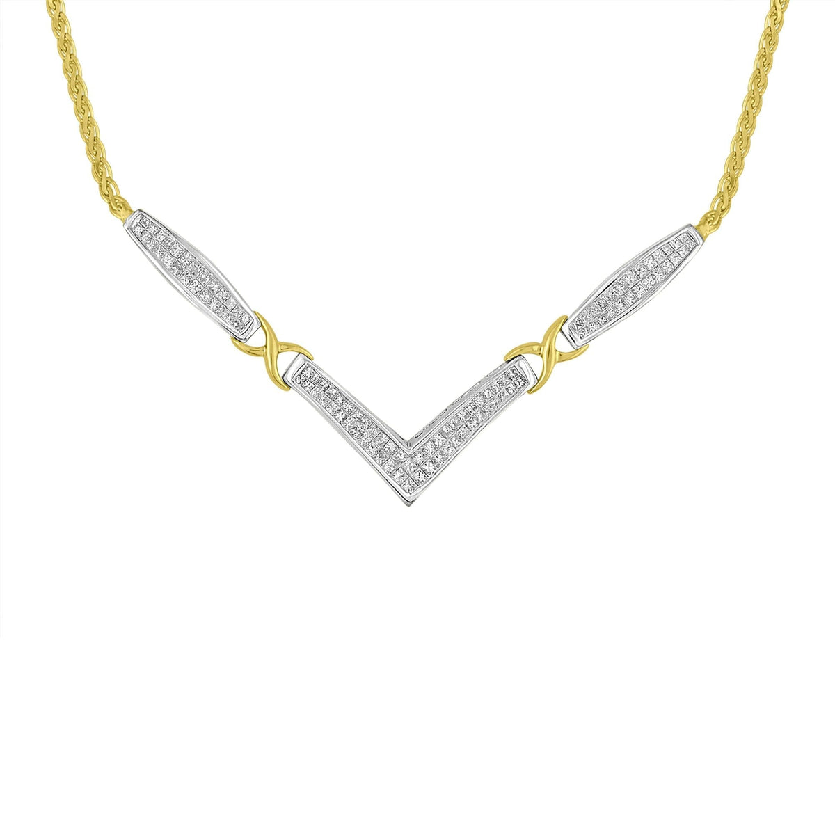 14K Yellow and White Gold 2.0 Cttw Princess Cut Diamond Flared and X-Station V Shaped 18” Franco Chain Statement Necklace