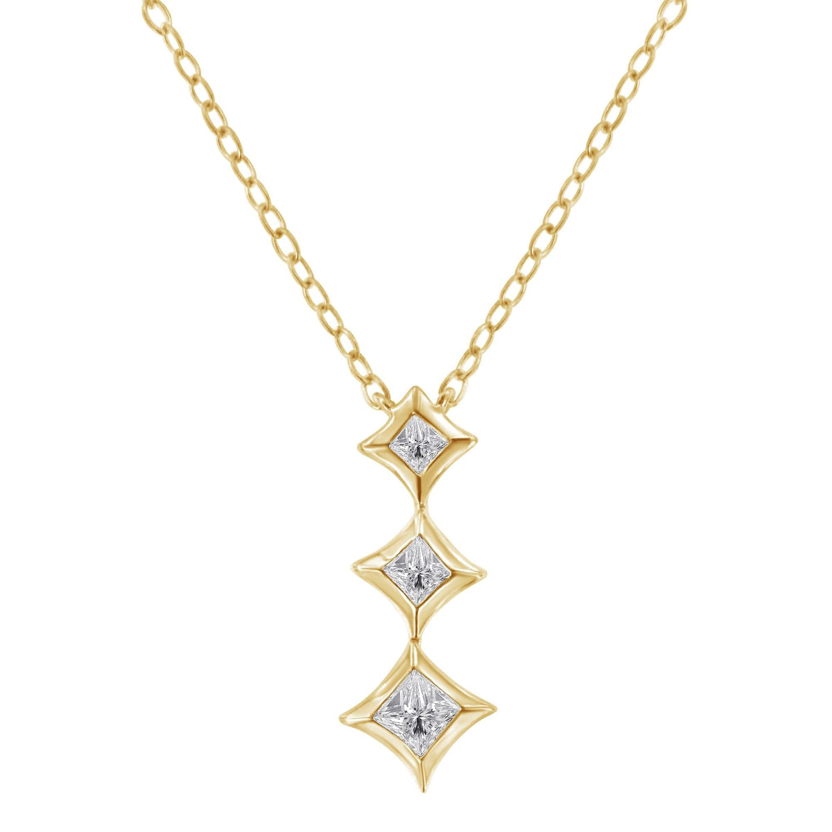 10K Gold 1/5 Cttw Princess Cut Diamond 3 Stone Drop 18" Pendant Necklace (H-I Color, SI2-I1 Clarity)