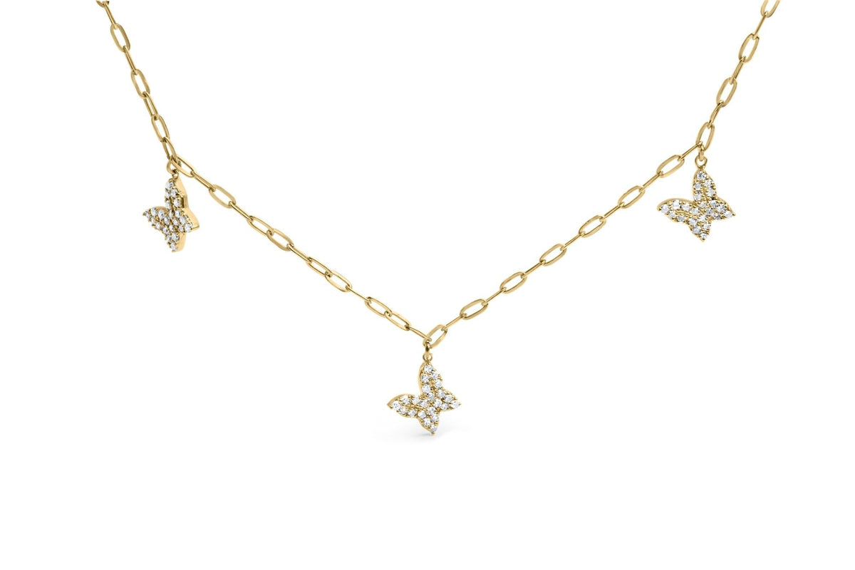 14KT Yellow Gold 1/2 Cttw Diamond Butterfly Station Paperclip Station Necklace (I-J Color, I1-I2 Clarity) - Adjustable