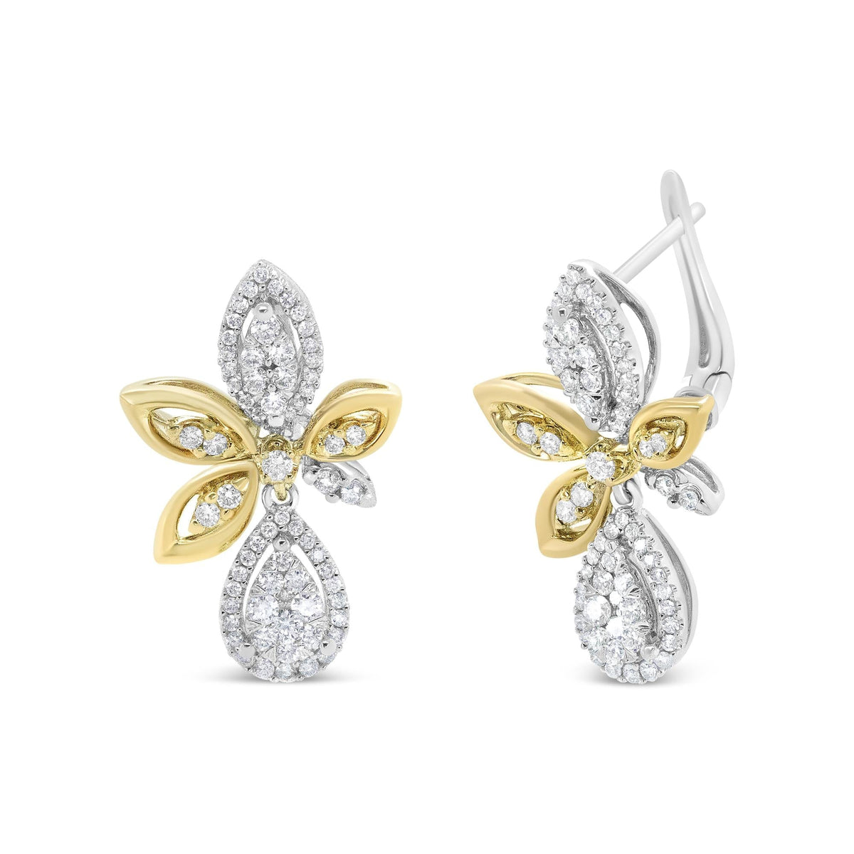 14K White and Yellow Gold 1.00 Cttw Round Pave-Set Diamond Teardrop and Marquise Shape Drop Dangle Earrings (H-I Color