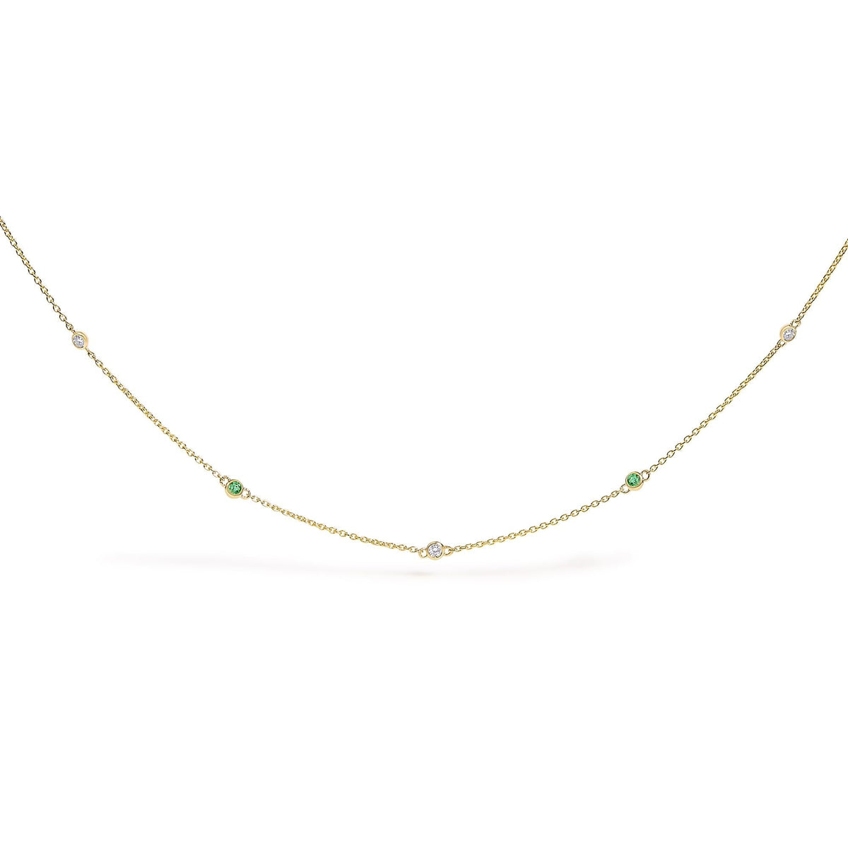 14K Yellow Gold Bezel Set Alternating Green Emerald and Diamond Station Necklace - 18" Inches