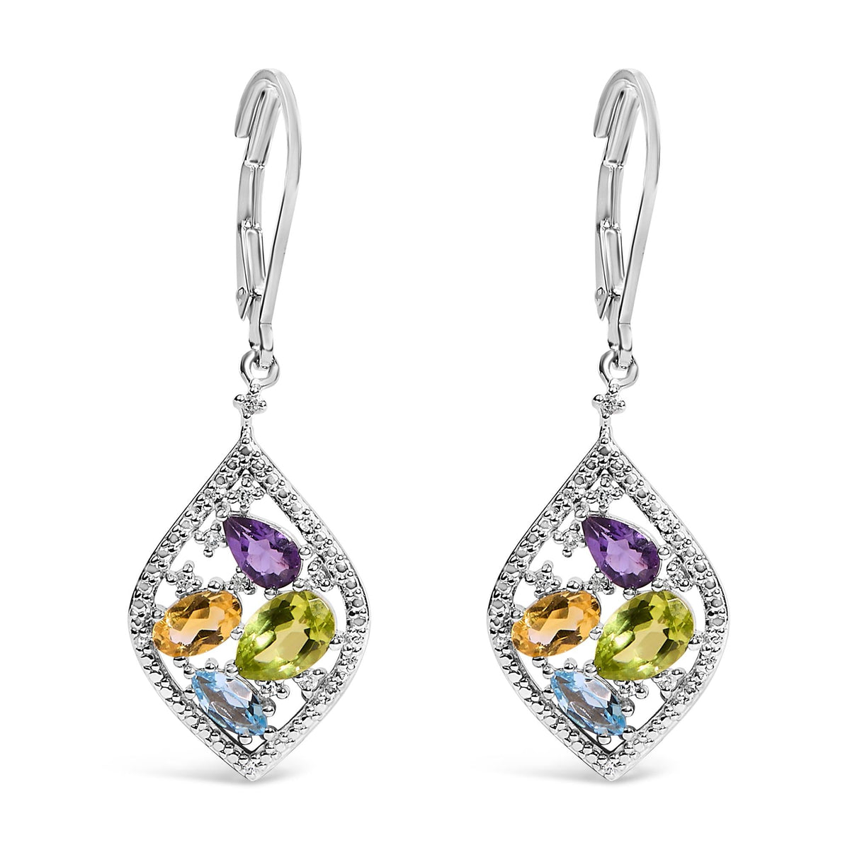 Sterling Silver Diamond Accent Multi Stone Rhombus Drop Earrings