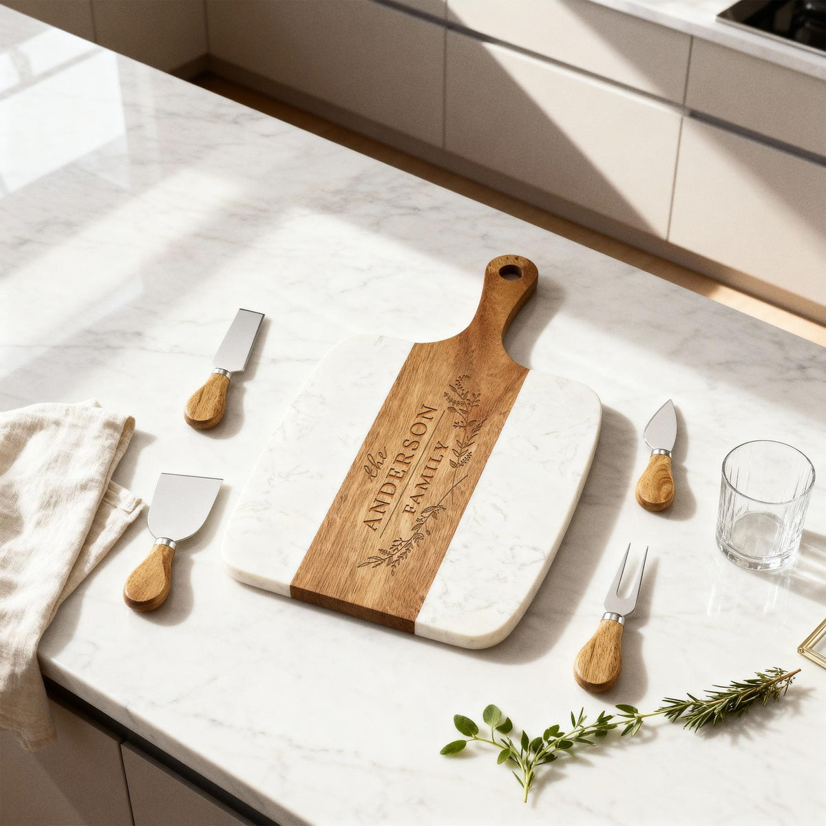 Five-piece marble serving board set with handle