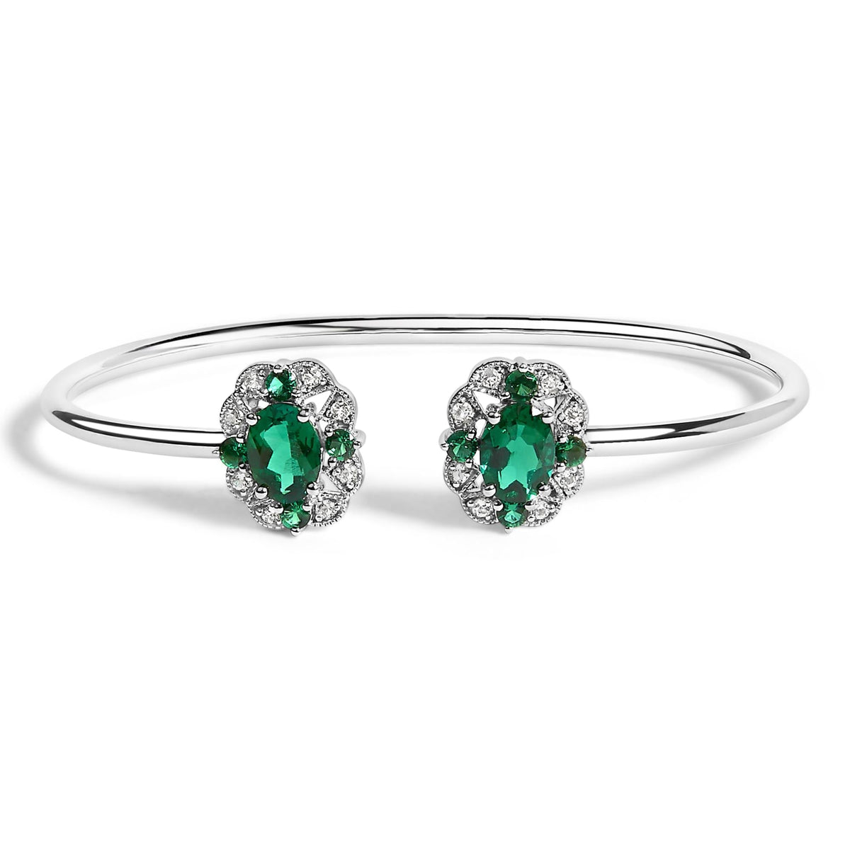 Sterling Silver White Topaz and Green Emerald Floral Bangle Bracelet