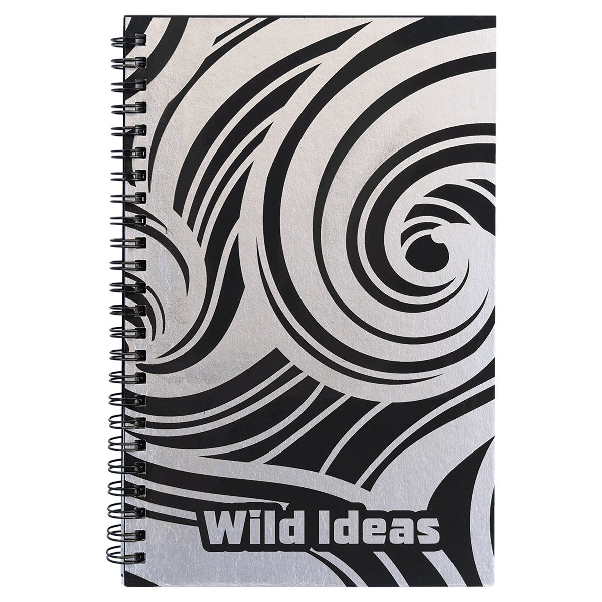 Black Lazerburst spiral notebook, 5 1/2 by 8 1/2 inches, with a silver laserable cover