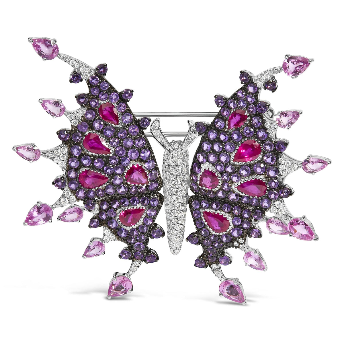 18K White Gold 1.00 Cttw Diamond, Ruby Sapphire, and Amethyst Mixed Gemstone Butterfly Brooch Pin (G-H Color, VS1-VS2