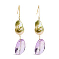 14K Yellow Gold Amethyst and Baroque Pearl Drop and Dangle Earrings 2" Inch Dangle Length