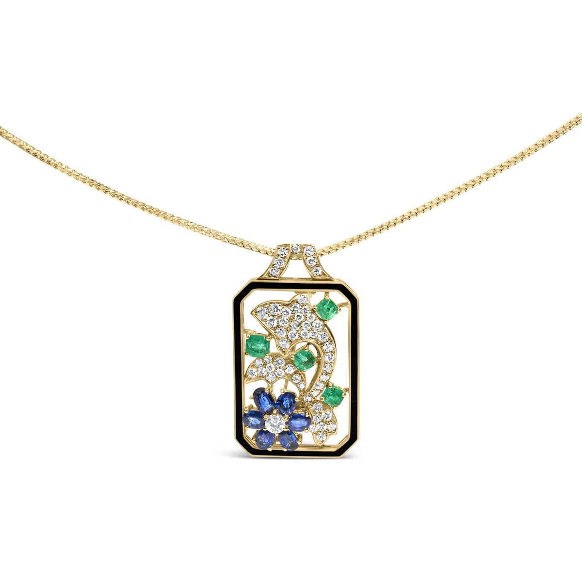 18K Yellow Gold 2 1/3 Cttw Diamond, Sapphire, and Emerald Dog Tag with Dolphin Silhouette Convertible 18" Pendant Necklace