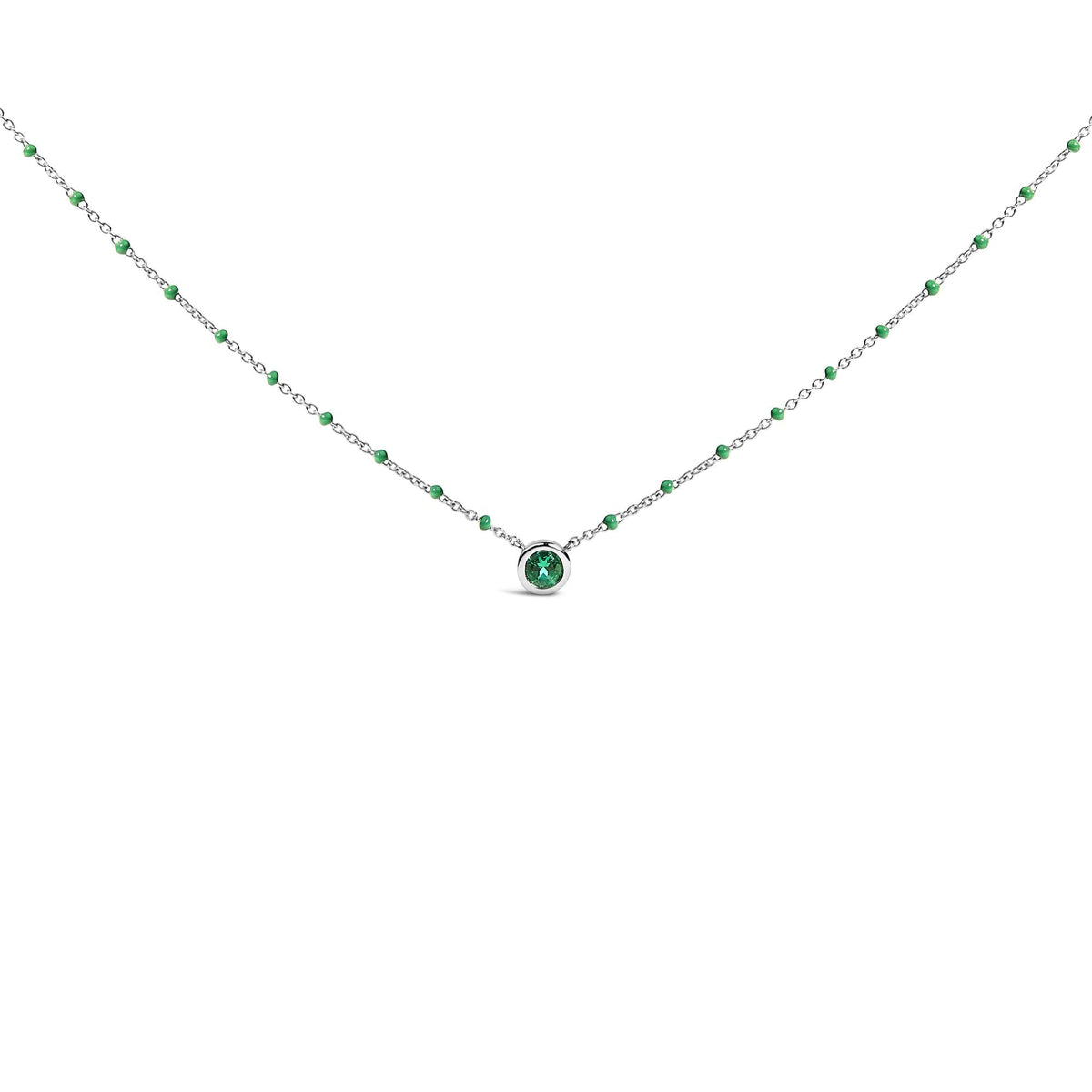 925 Sterling Silver Lab-Created Emerald Bead Necklace 18 Inch