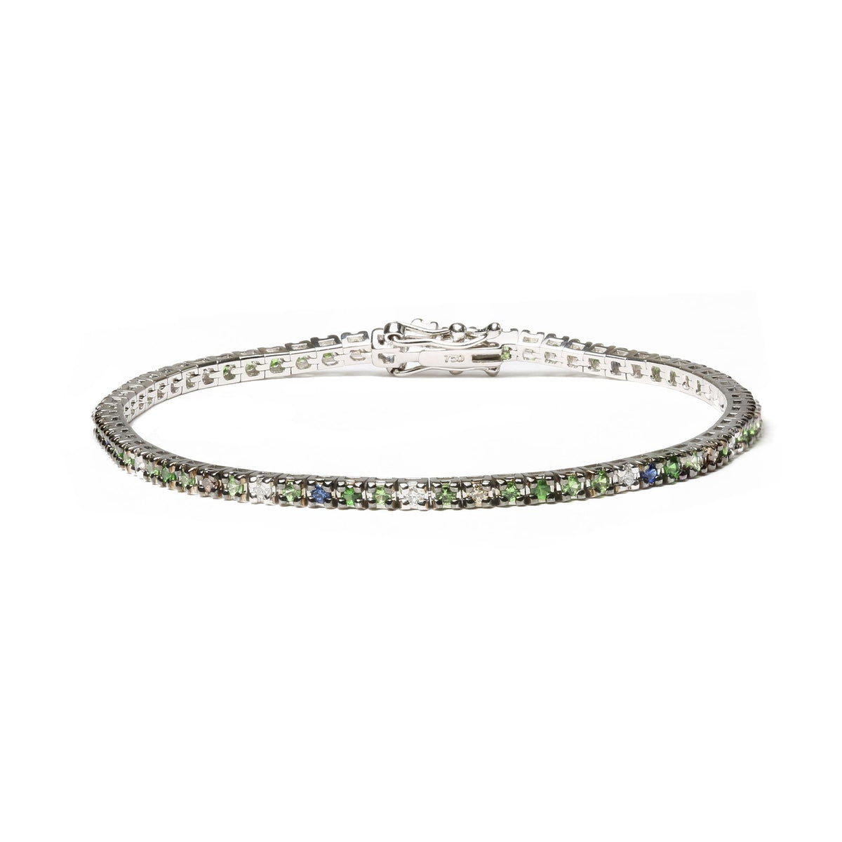 18K White Gold 3/8 Cttw Diamond with Blue Sapphire and Green Tsavorite Gemstone Multi-Colored Tennis Bracelet (Brown and G-H