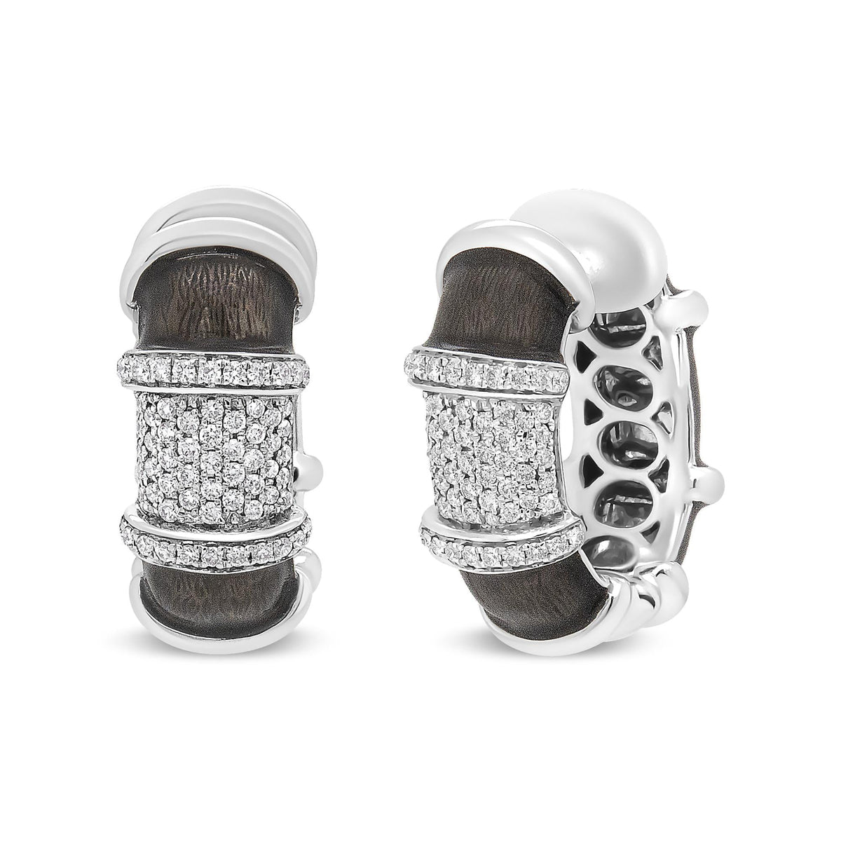 18K White Gold Flash Plated .925 Sterling Silver Clear Graphite Grey Enamel 5/8 Cttw Round Diamonds Huggie Hoop Earrings (F-G