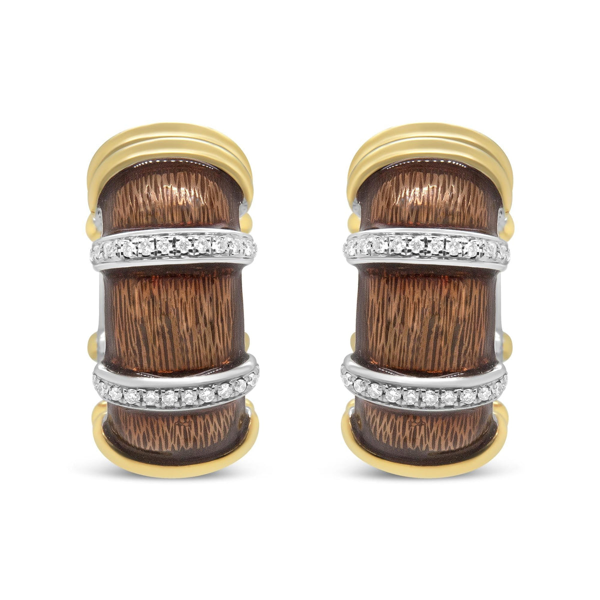 18K Yellow and White Gold Flash Plated .925 Sterling Silver Clear Brown Enamel 9/10 Cttw Round Diamonds Huggie Hoop Earrings