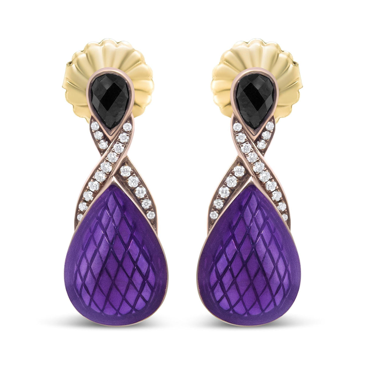 18K Rose Gold Flash Plated .925 Sterling Silver Purple Enamel 1/5 Cttw Round Pave-Set Diamond and 5.5 x 4mm Pear-Shaped Black