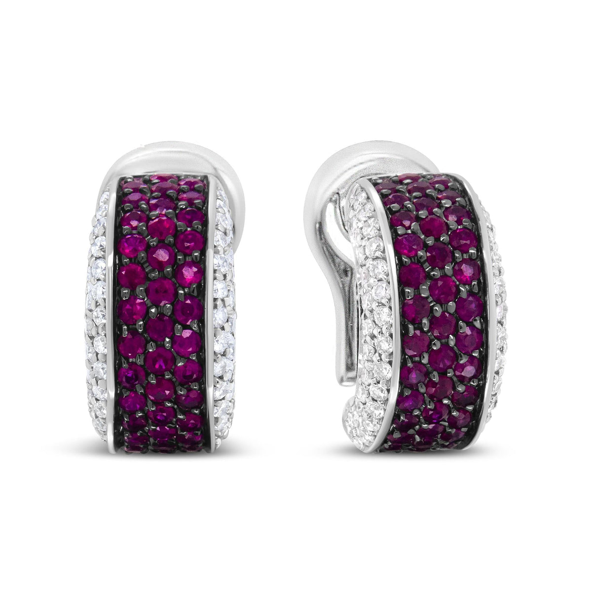 18K White Gold and Black Rhodium Plated 3/4 Cttw Round Diamonds and 1mm Round Red Ruby Huggie Hoop Earrings (F-G Color