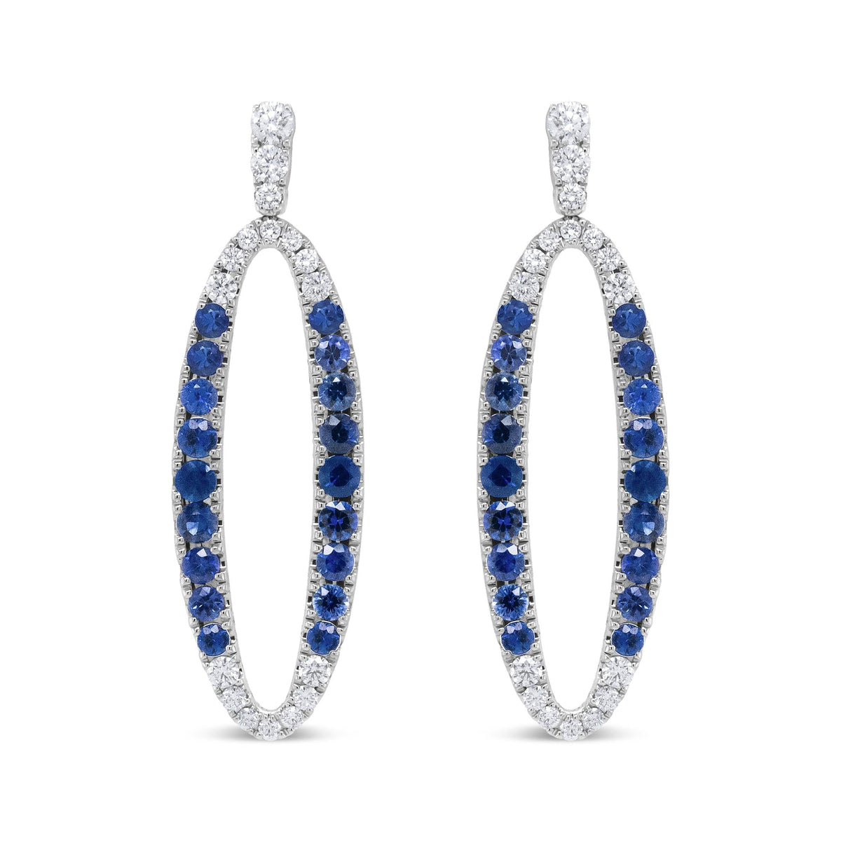18K White Gold 1.11 Cttw Blue Round Diamond and Blue Sapphire Openwork Oval Shaped Dangle Earrings (F-G Color, VS1-VS2