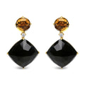 18K Yellow Gold 1/5 Cttw Diamond with Round Yellow Citrine and Cushion Cut Black Onyx Gemstone Dangle Earring (G-H Color