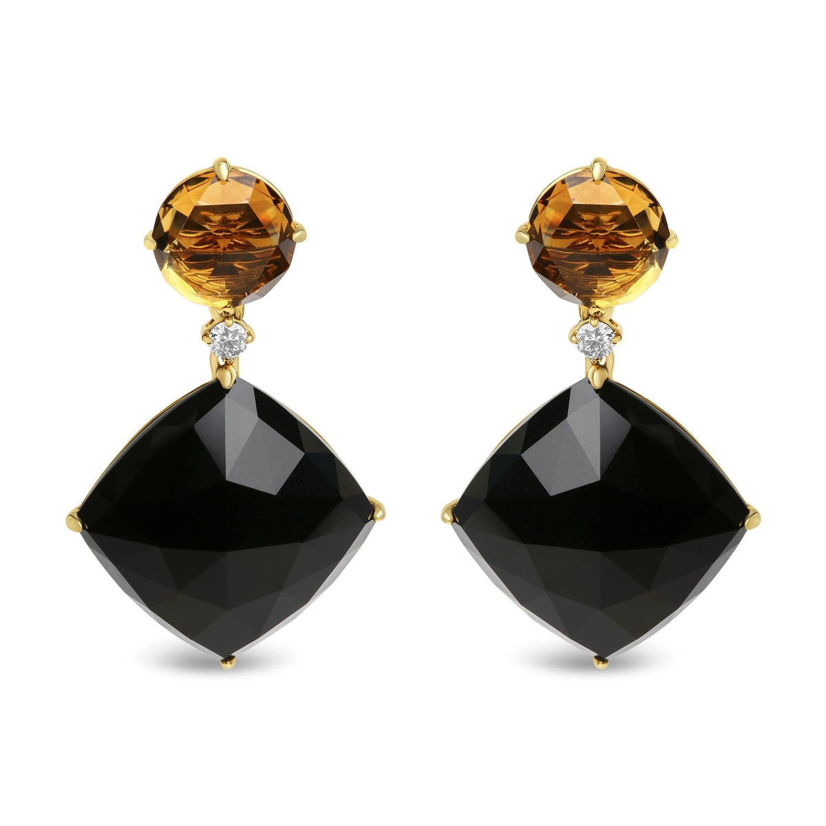 18K Yellow Gold 1/5 Cttw Diamond with Round Yellow Citrine and Cushion Cut Black Onyx Gemstone Dangle Earring (G-H Color