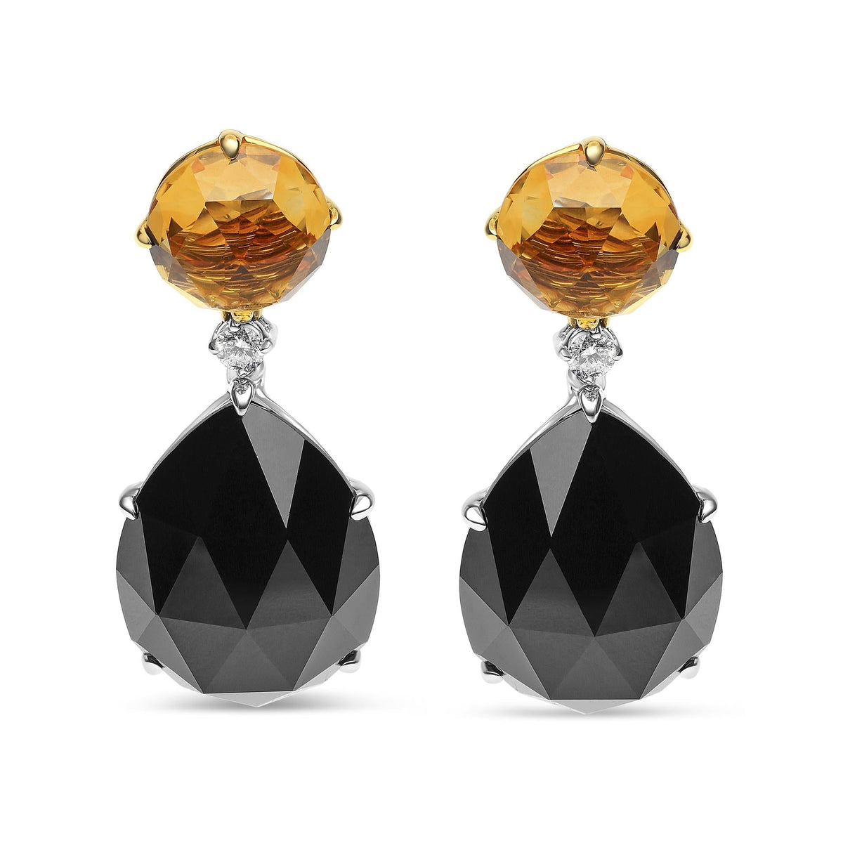 18K White and Yellow Gold 1/5 Cttw Diamond with Round Yellow Citrine and 20x15mm Pear Cut Black Onyx Gemstone Dangle Earring