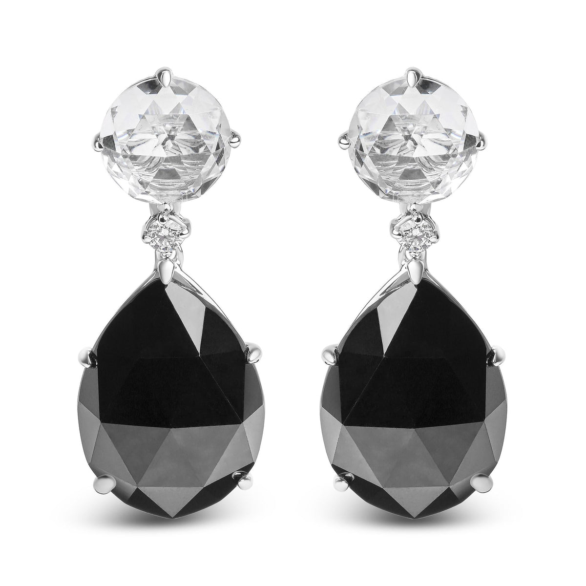 18K White Gold 1/5 Cttw Diamond with Round White Topaz and 20x15mm Pear Cut Black Onyx Gemstone Dangle Earring (G-H Color