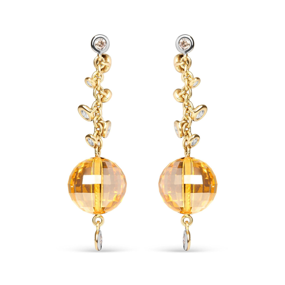 18K Yellow Gold 2/3 Cttw Round Bezel Diamond and 25mm Ball Shaped Yellow Citrine Gemstone Dangle Stud Earring (Brown and G-H