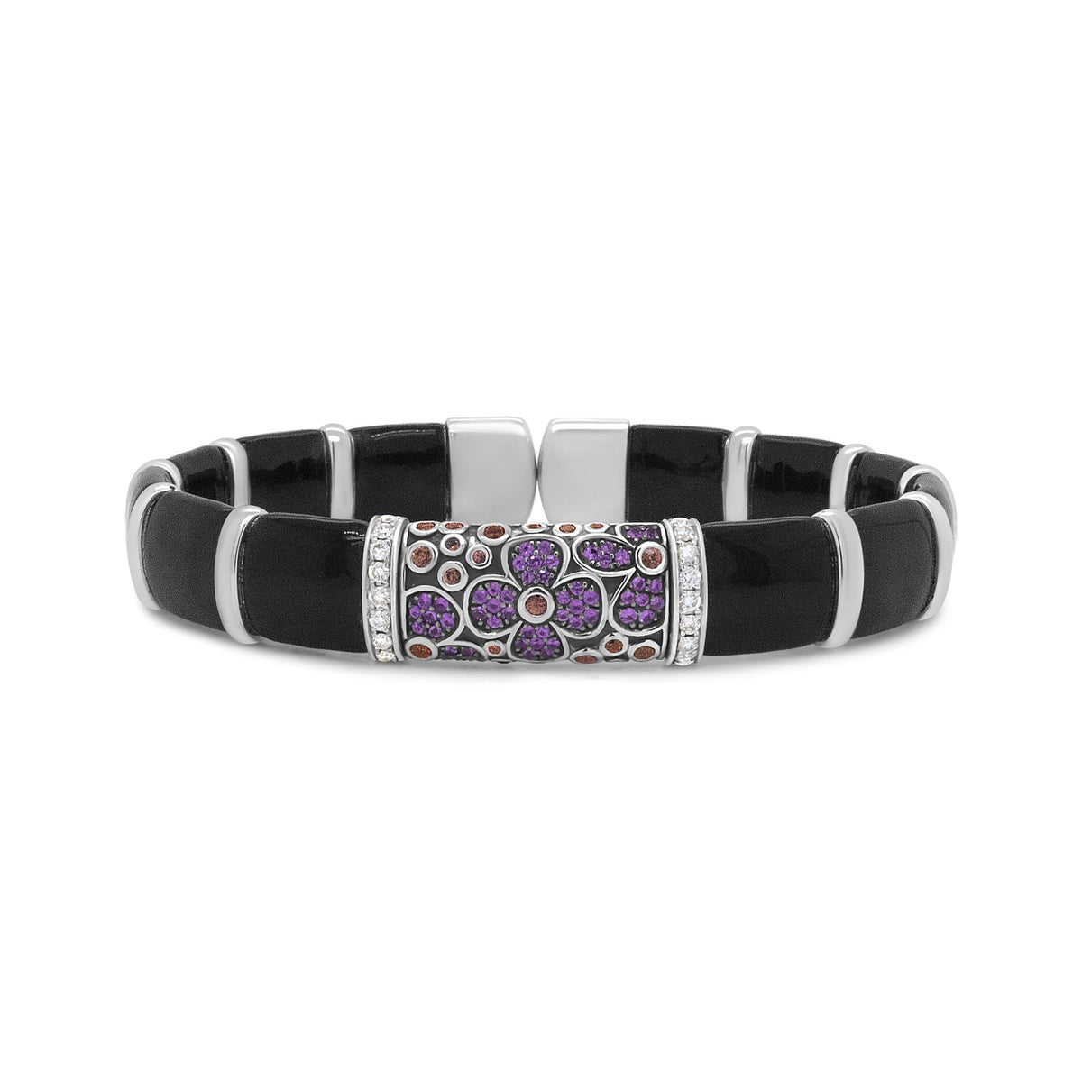.925 Sterling Silver Black and Brown Enamel 1/3 Cttw Round Diamonds and Pink and Orange Sapphire Gemstones Floral Statement