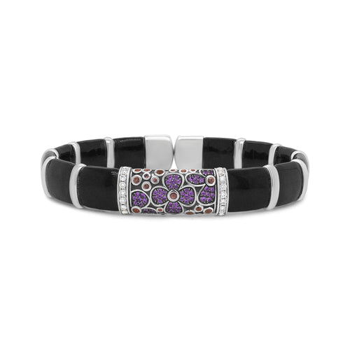 Brazalete tipo esclava de plata de ley .925 con diseño floral, esmalte negro y marrón, diamantes redondos de 1/3 Cttw y zafiros rosas y naranjas (color F-G, claridad VS1-VS2) - Talla 7.75"